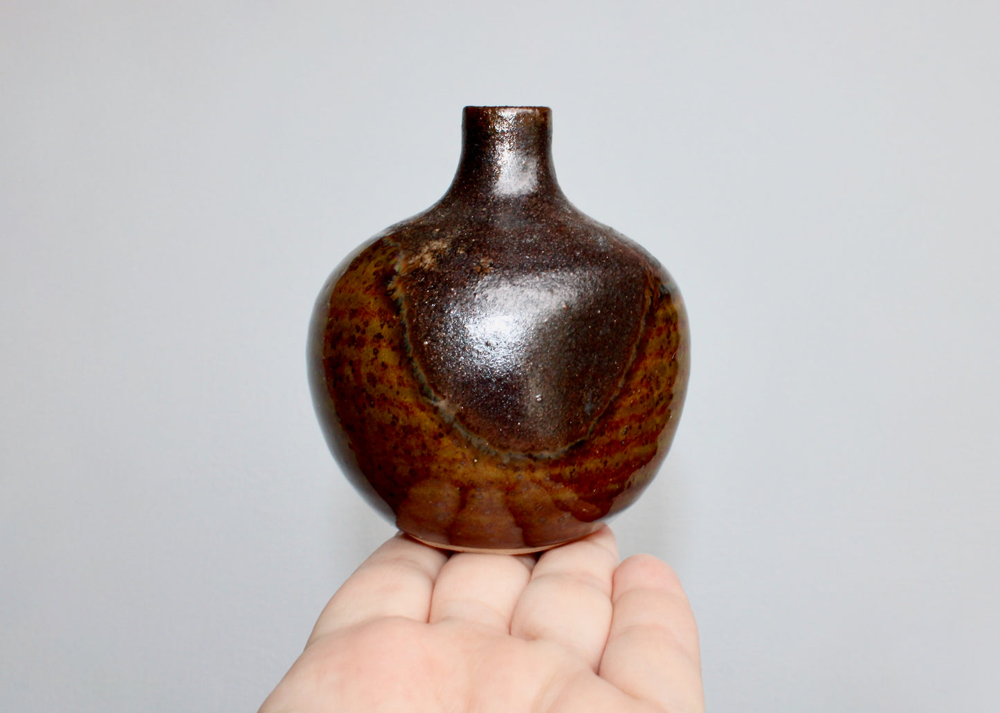 2 Otagiri OMC Tenmoku Weed Pots w/ Metallic Textured Glaze, Vintage Pair of Japan Giftware Small Vases from Shōwa Period Japan