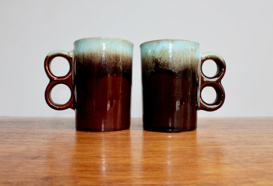 Pair of Evangeline Pottery Canada Trigger Mugs - Vintage Canuck Blue Mountain Style Reflowing Fat-Lava Technique - Crafted in Canada
