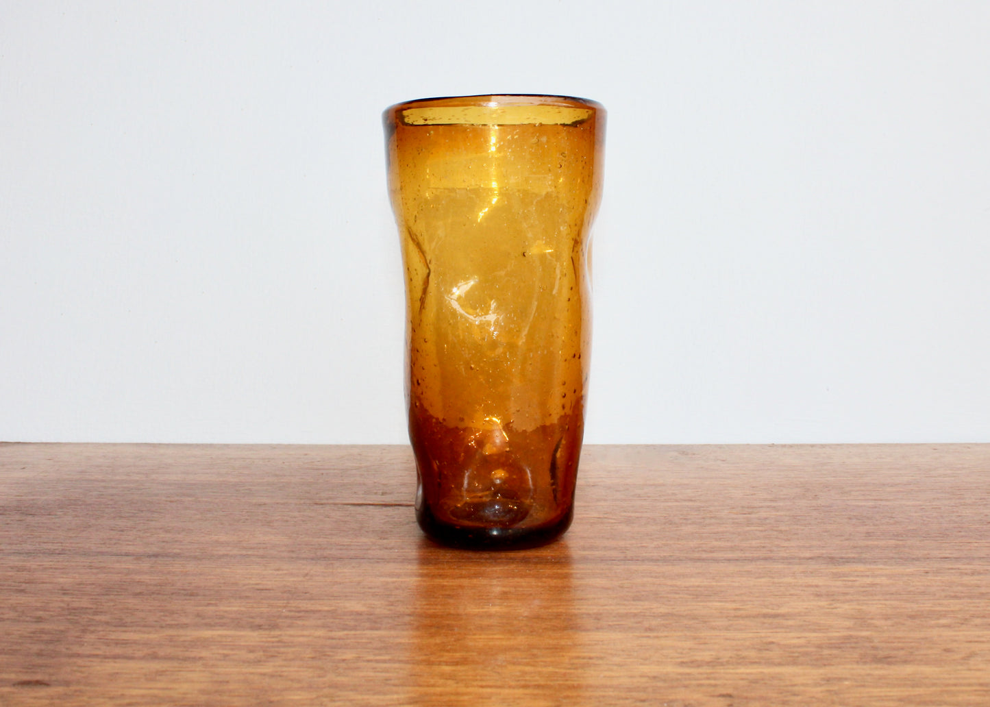 Blenko 418L Tall Honey Dimpled Tumbler, 6" Handcrafted Pinched Glass, Vintage West Virginia Mouth Blown Glass