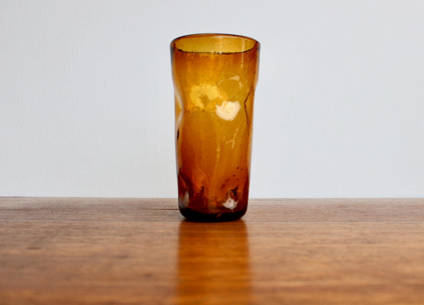 Blenko 418L Tall Honey Dimpled Tumbler, 6" Handcrafted Pinched Glass, Vintage West Virginia Mouth Blown Glass