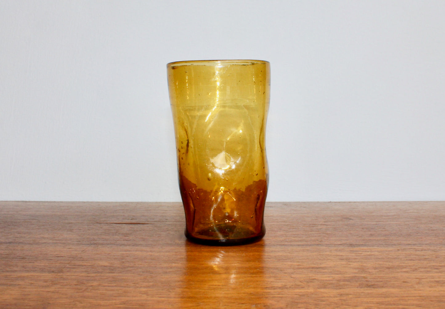 Blenko-Type 418S Gold Dimpled Tumbler, Vintage 5" Handcrafted Pinched Glass from West Virginia