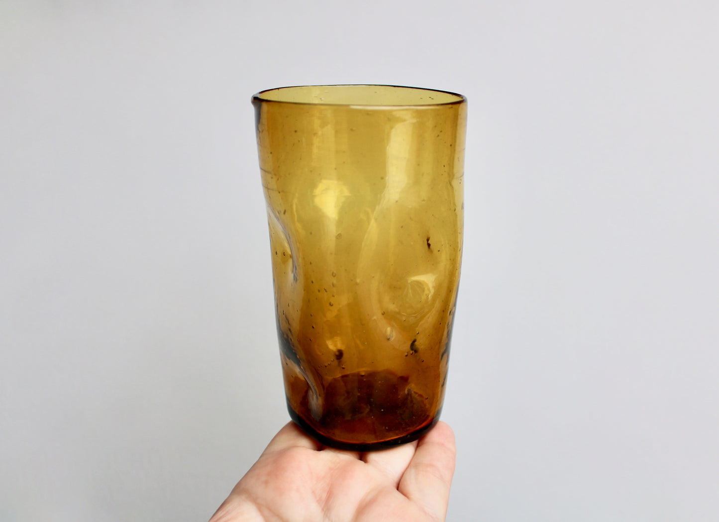 Blenko-Type 418S Gold Dimpled Tumbler, Vintage 5" Handcrafted Pinched Glass from West Virginia