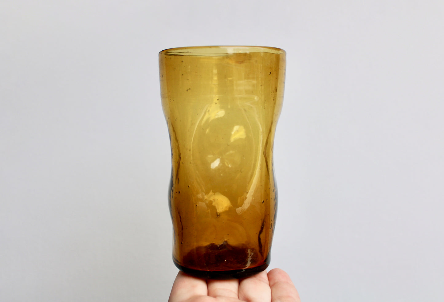 Blenko-Type 418S Gold Dimpled Tumbler, Vintage 5" Handcrafted Pinched Glass from West Virginia