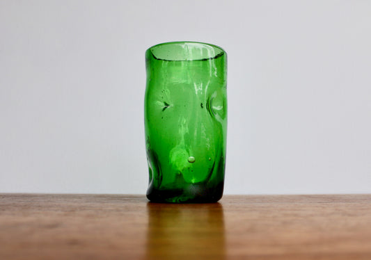 Blenko-Type 418S Clover Green Dimpled Tumbler, 5" Handcrafted Pinched Glass, 20th Century Mouth Blown Glass Tumbler