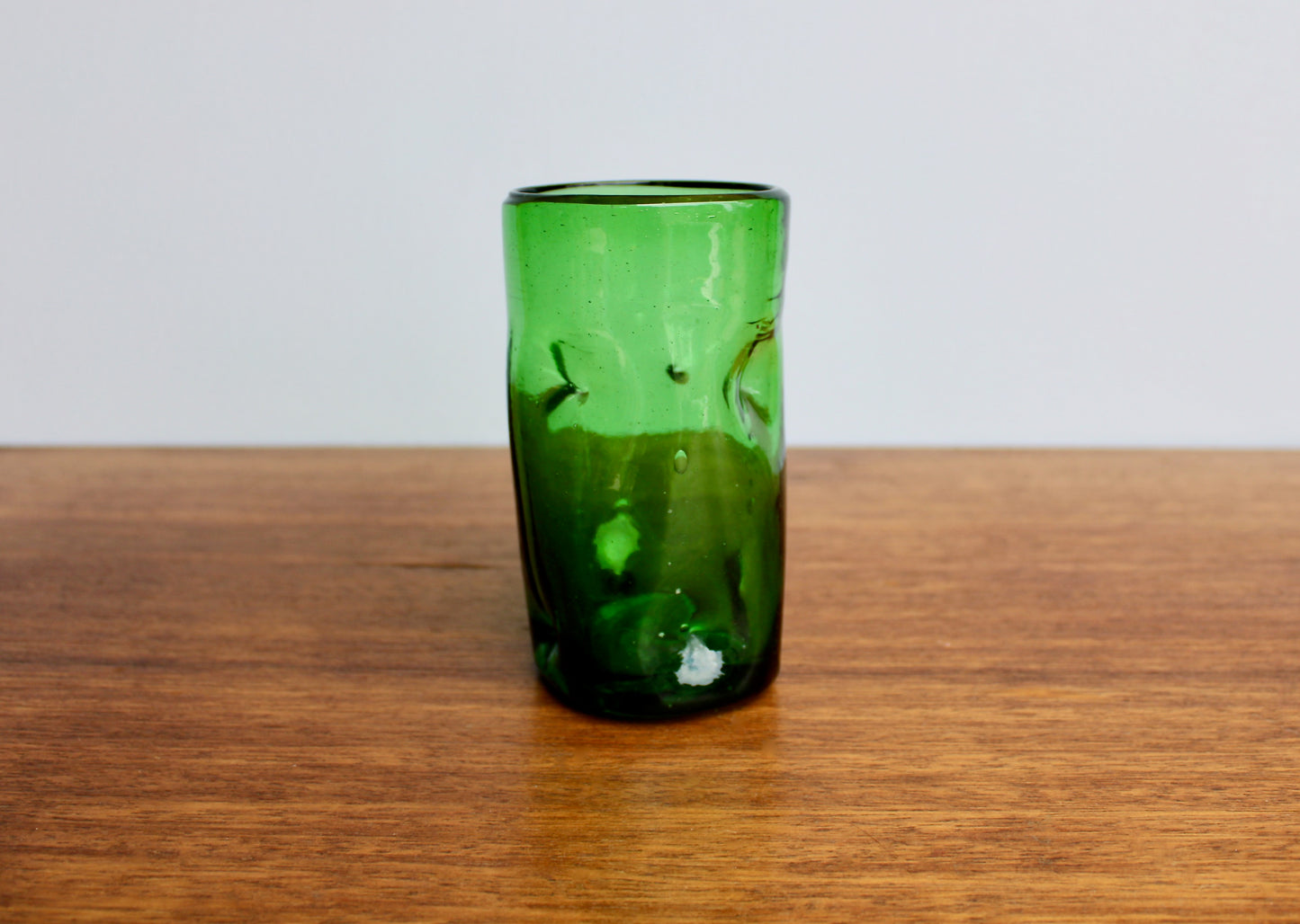 Blenko-Type 418S Clover Green Dimpled Tumbler, 5" Handcrafted Pinched Glass, 20th Century Mouth Blown Glass Tumbler