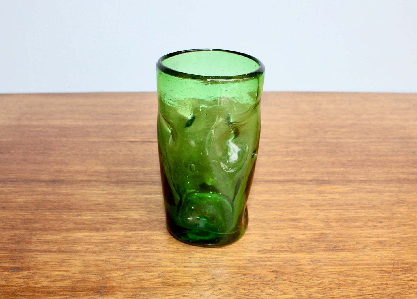 Blenko-Type 418S Clover Green Dimpled Tumbler, 5" Handcrafted Pinched Glass, 20th Century Mouth Blown Glass Tumbler