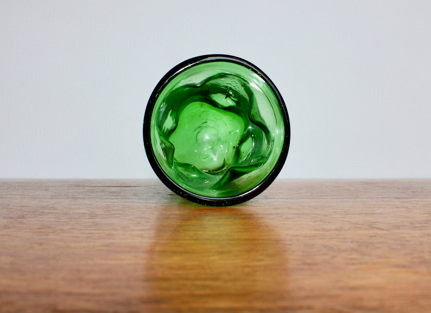 Blenko-Type 418S Clover Green Dimpled Tumbler, 5" Handcrafted Pinched Glass, 20th Century Mouth Blown Glass Tumbler