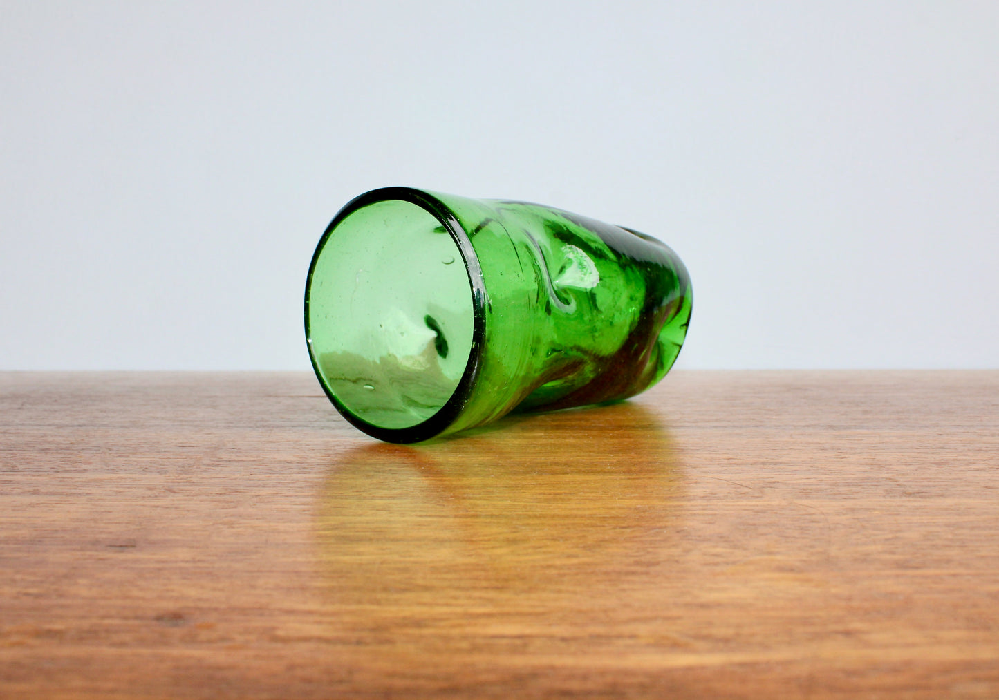 Blenko-Type 418S Clover Green Dimpled Tumbler, 5" Handcrafted Pinched Glass, 20th Century Mouth Blown Glass Tumbler