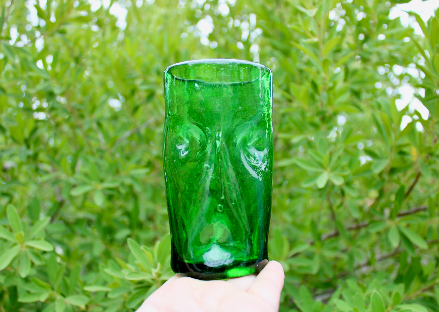 Blenko-Type 418S Clover Green Dimpled Tumbler, 5" Handcrafted Pinched Glass, 20th Century Mouth Blown Glass Tumbler