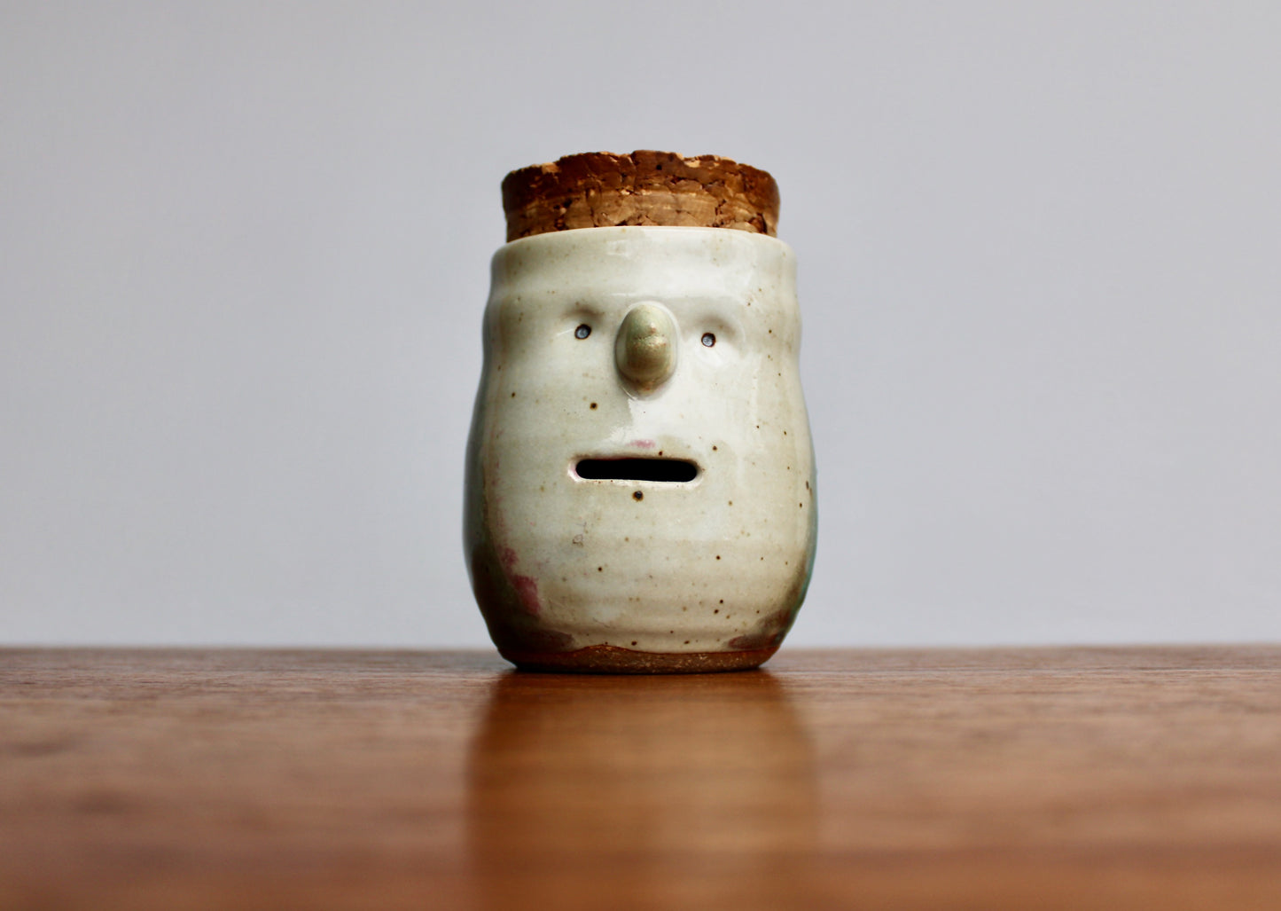 SOLD: Dual Purpose Pottery Face Jar w/ Natural Cork Lid, Egg Separator & Garlic Keeper, Functional Wheel Thrown Pottery, Crafted by Karen