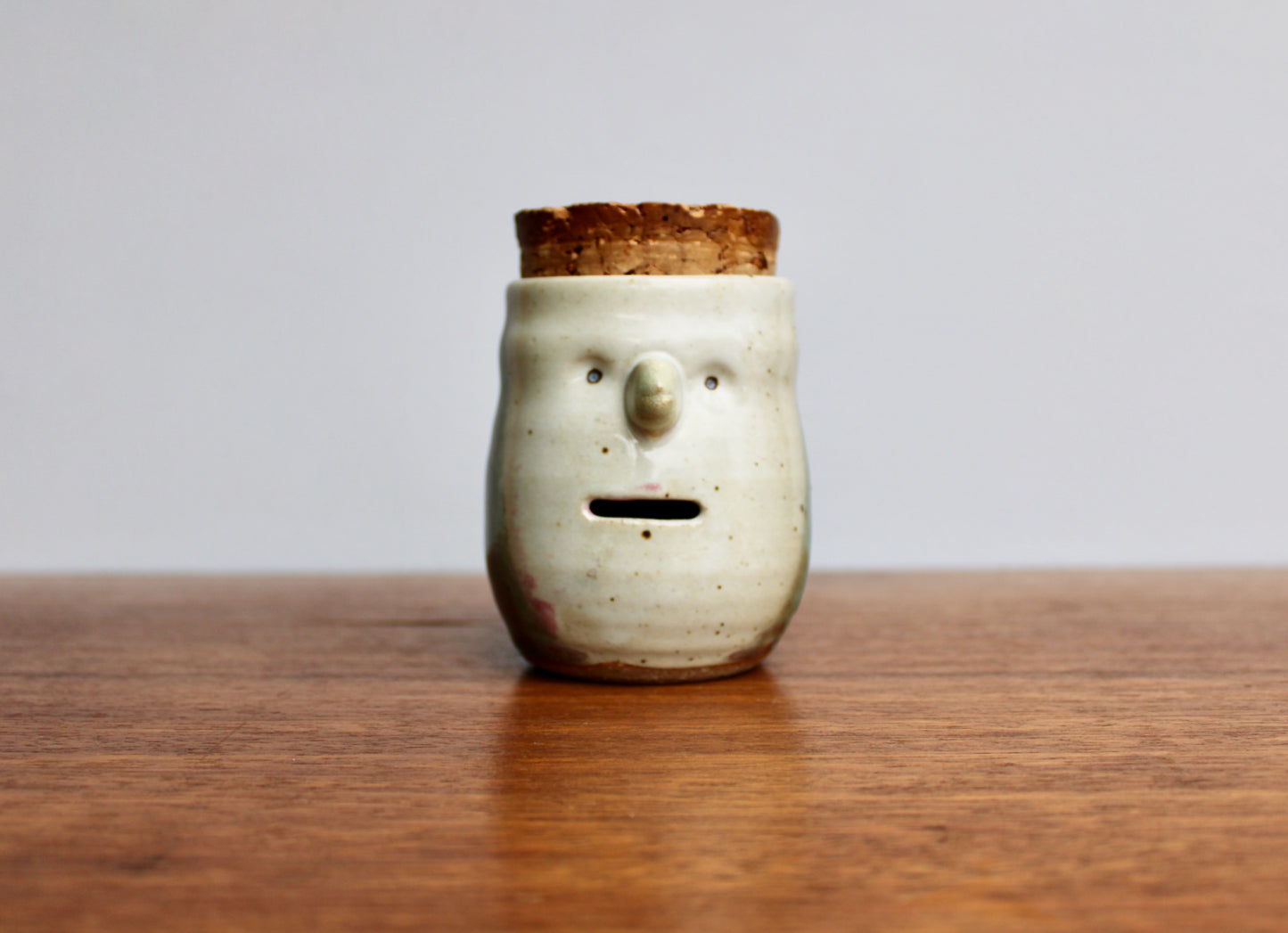 SOLD: Dual Purpose Pottery Face Jar w/ Natural Cork Lid, Egg Separator & Garlic Keeper, Functional Wheel Thrown Pottery, Crafted by Karen