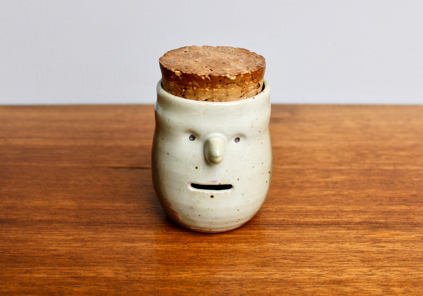 SOLD: Dual Purpose Pottery Face Jar w/ Natural Cork Lid, Egg Separator & Garlic Keeper, Functional Wheel Thrown Pottery, Crafted by Karen