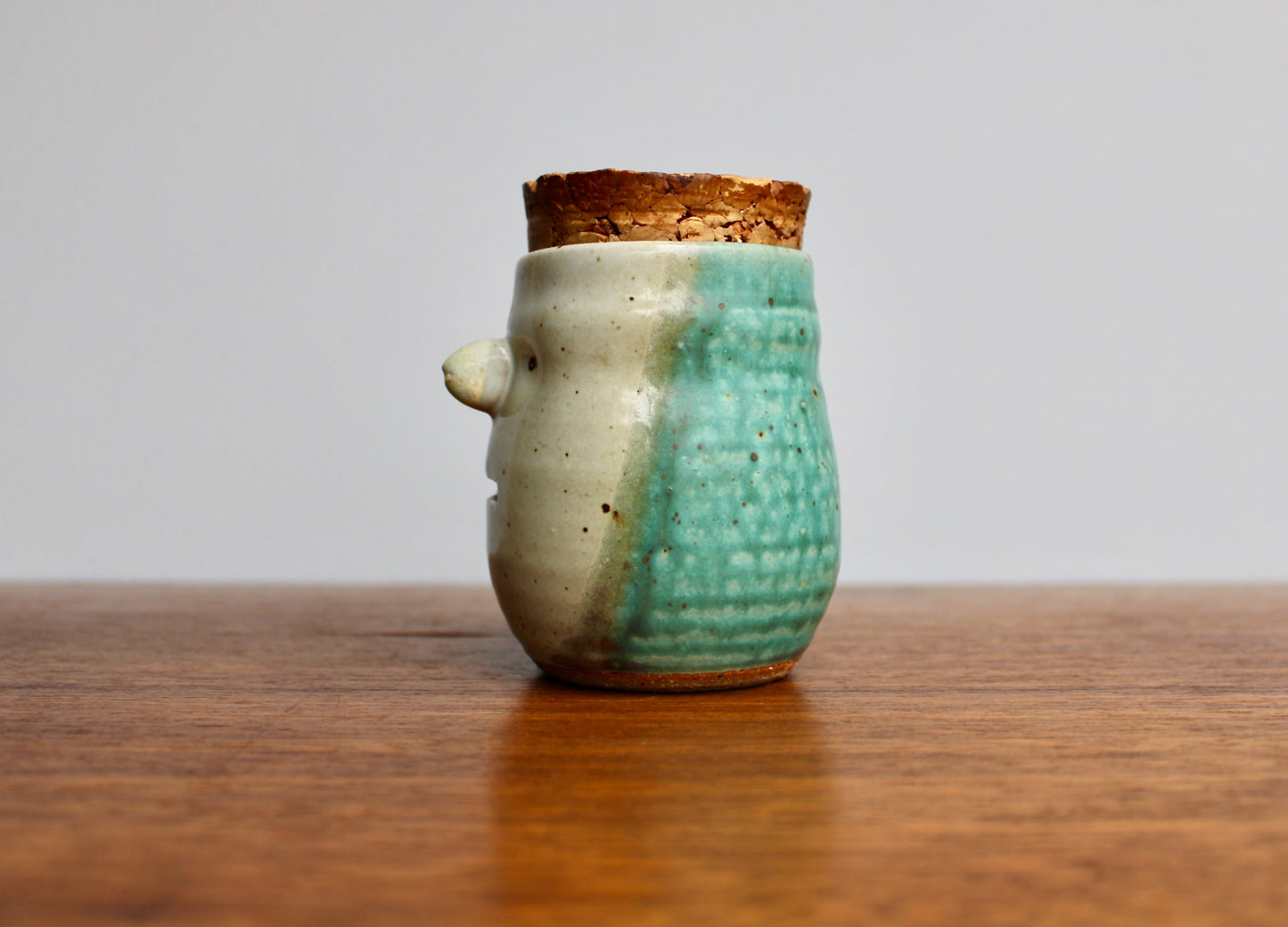 SOLD: Dual Purpose Pottery Face Jar w/ Natural Cork Lid, Egg Separator & Garlic Keeper, Functional Wheel Thrown Pottery, Crafted by Karen