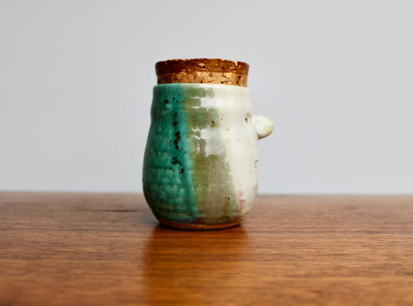 SOLD: Dual Purpose Pottery Face Jar w/ Natural Cork Lid, Egg Separator & Garlic Keeper, Functional Wheel Thrown Pottery, Crafted by Karen