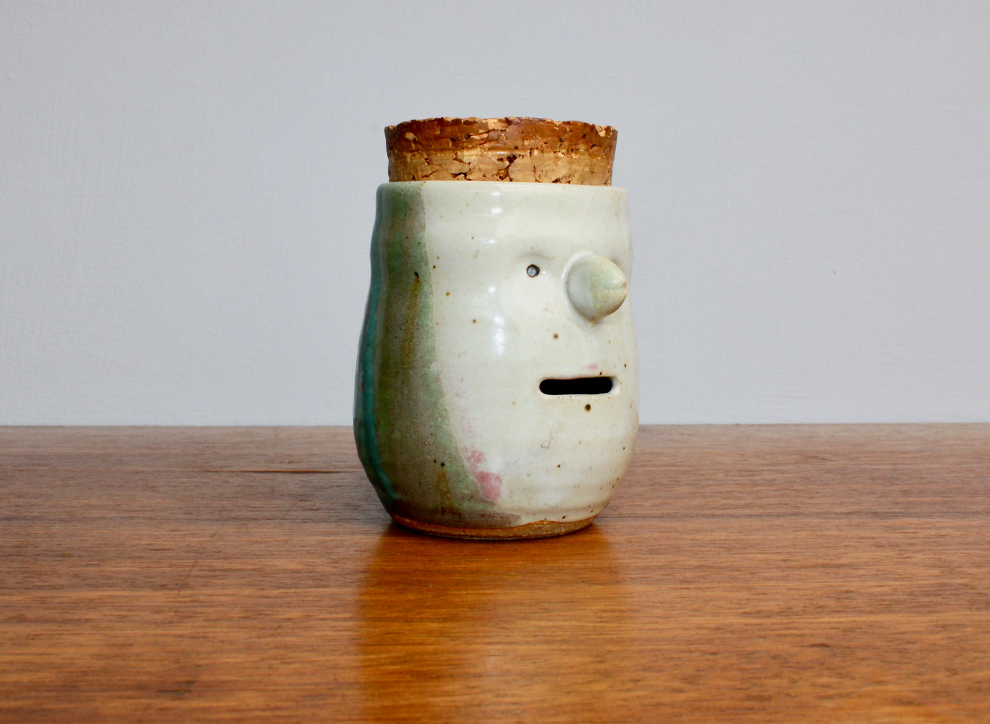 SOLD: Dual Purpose Pottery Face Jar w/ Natural Cork Lid, Egg Separator & Garlic Keeper, Functional Wheel Thrown Pottery, Crafted by Karen