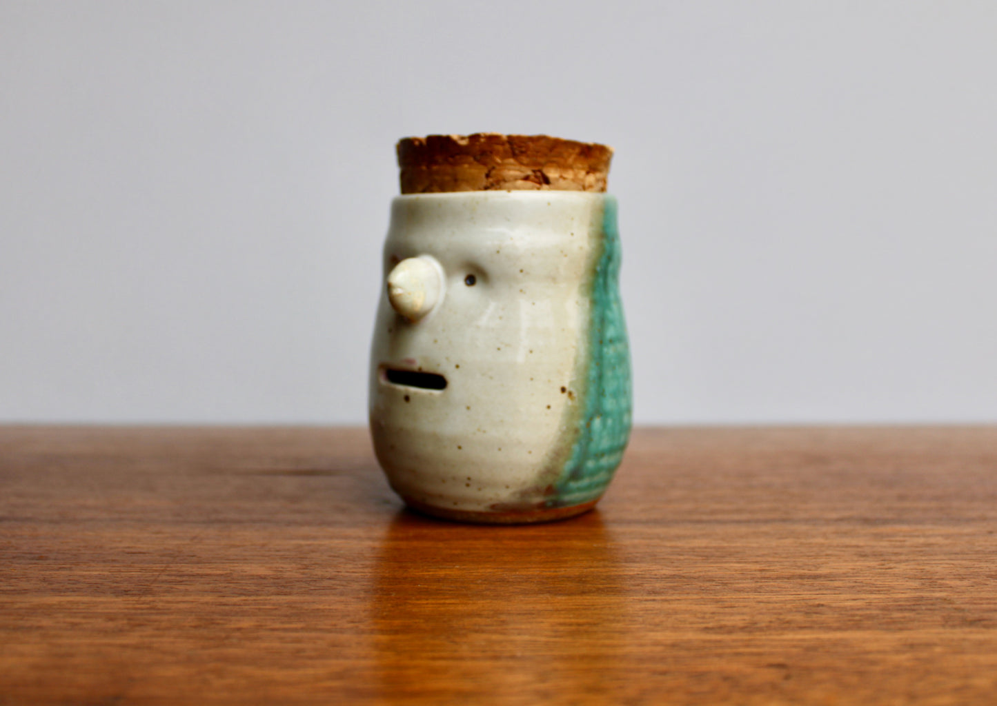 SOLD: Dual Purpose Pottery Face Jar w/ Natural Cork Lid, Egg Separator & Garlic Keeper, Functional Wheel Thrown Pottery, Crafted by Karen