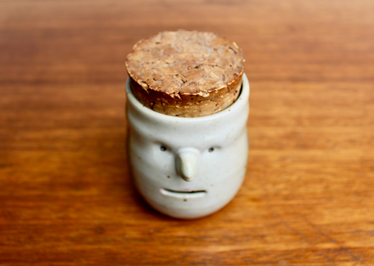SOLD: Dual Purpose Pottery Face Jar w/ Natural Cork Lid, Egg Separator & Garlic Keeper, Functional Wheel Thrown Pottery, Crafted by Karen