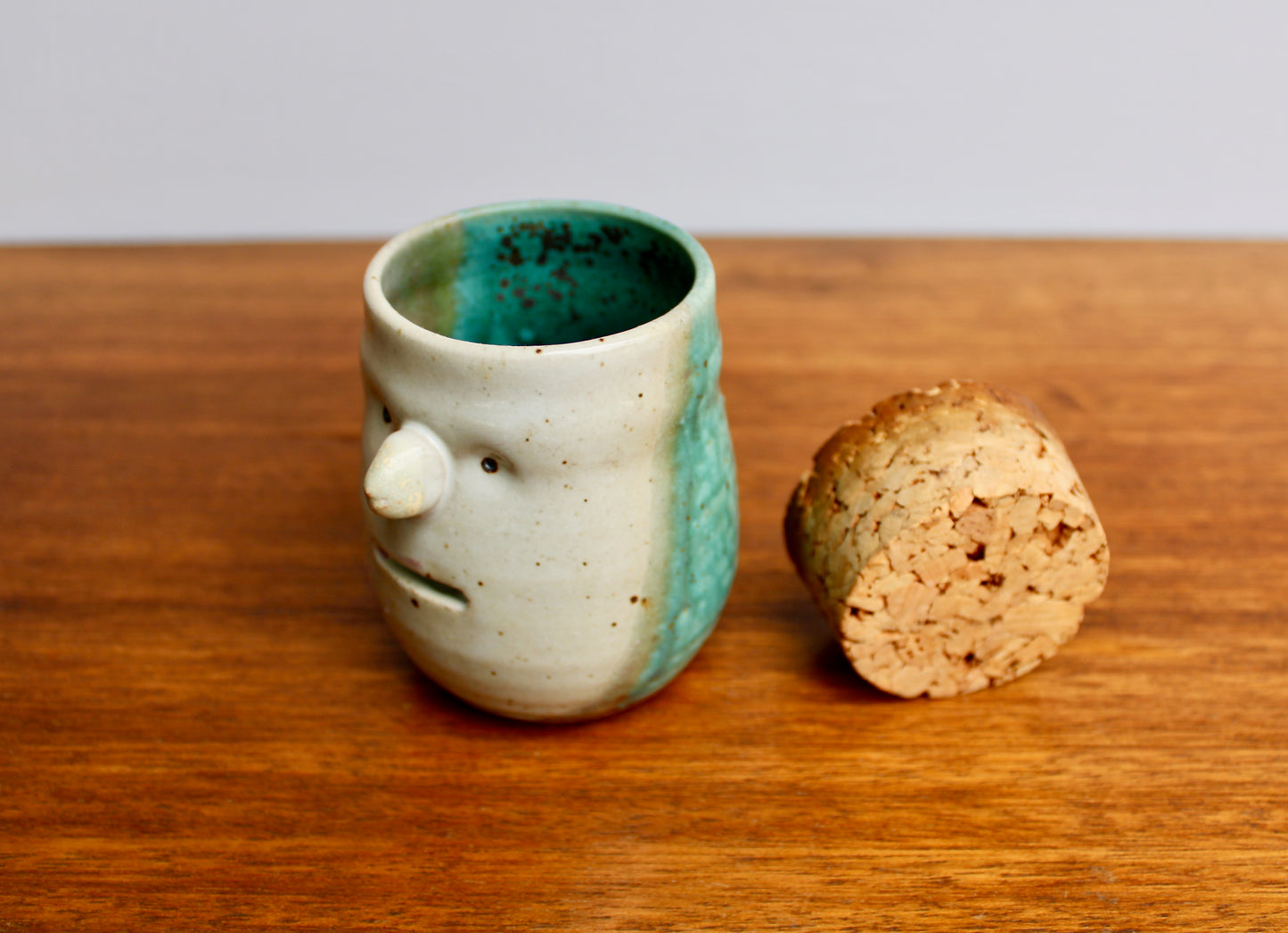 SOLD: Dual Purpose Pottery Face Jar w/ Natural Cork Lid, Egg Separator & Garlic Keeper, Functional Wheel Thrown Pottery, Crafted by Karen