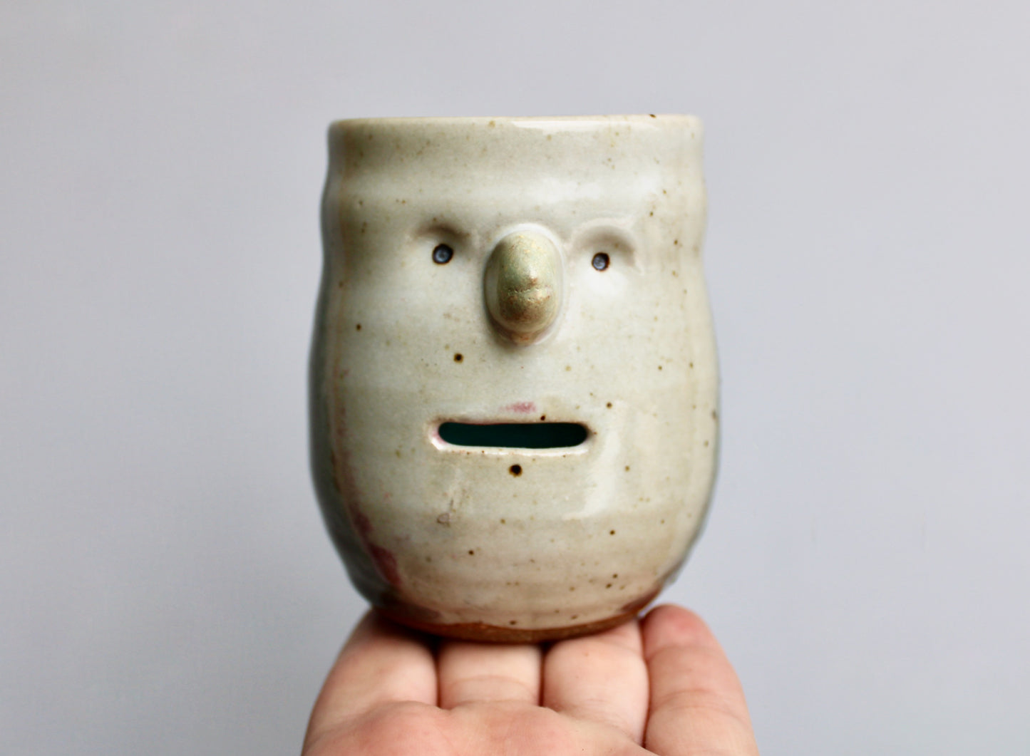 SOLD: Dual Purpose Pottery Face Jar w/ Natural Cork Lid, Egg Separator & Garlic Keeper, Functional Wheel Thrown Pottery, Crafted by Karen