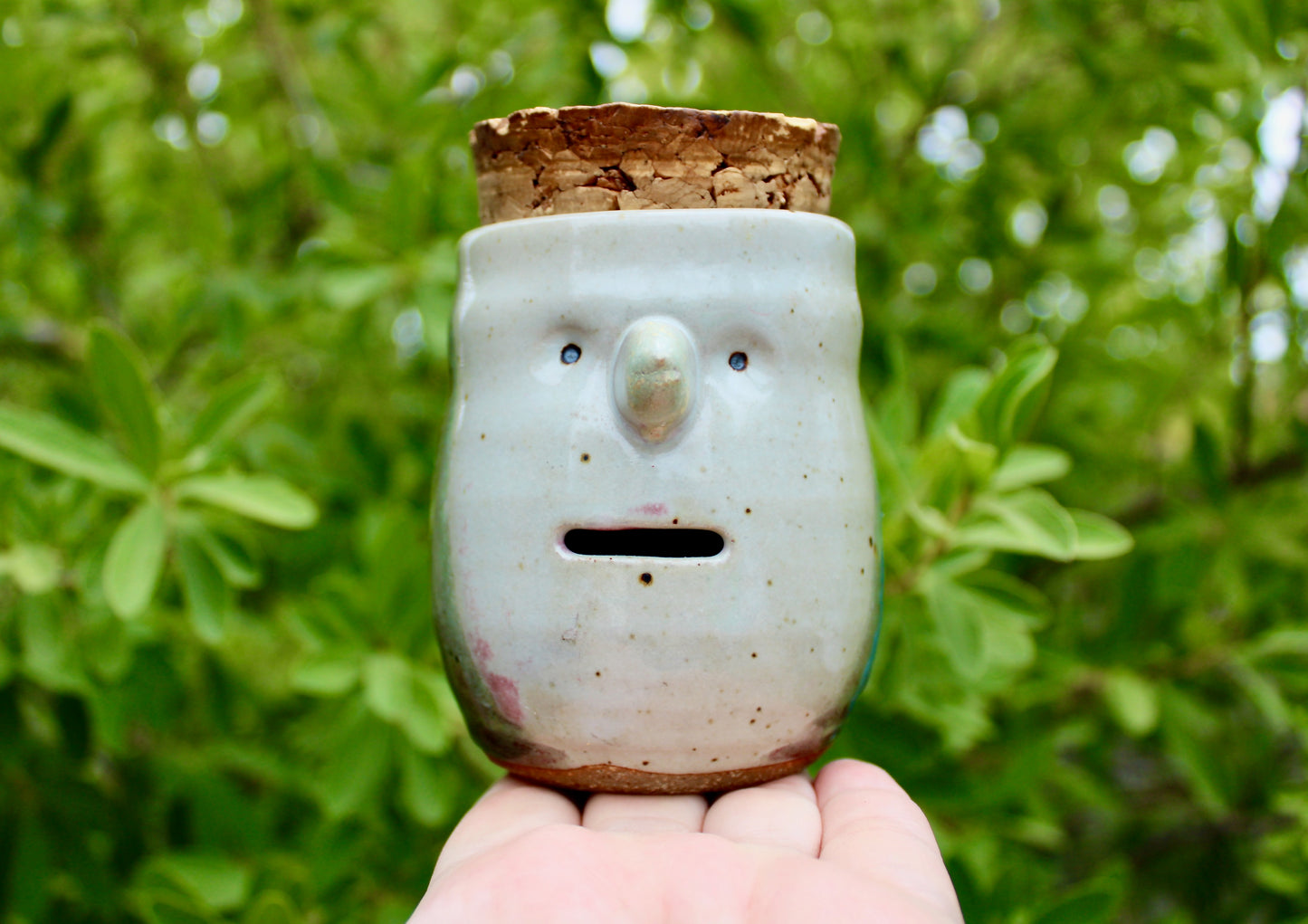 SOLD: Dual Purpose Pottery Face Jar w/ Natural Cork Lid, Egg Separator & Garlic Keeper, Functional Wheel Thrown Pottery, Crafted by Karen