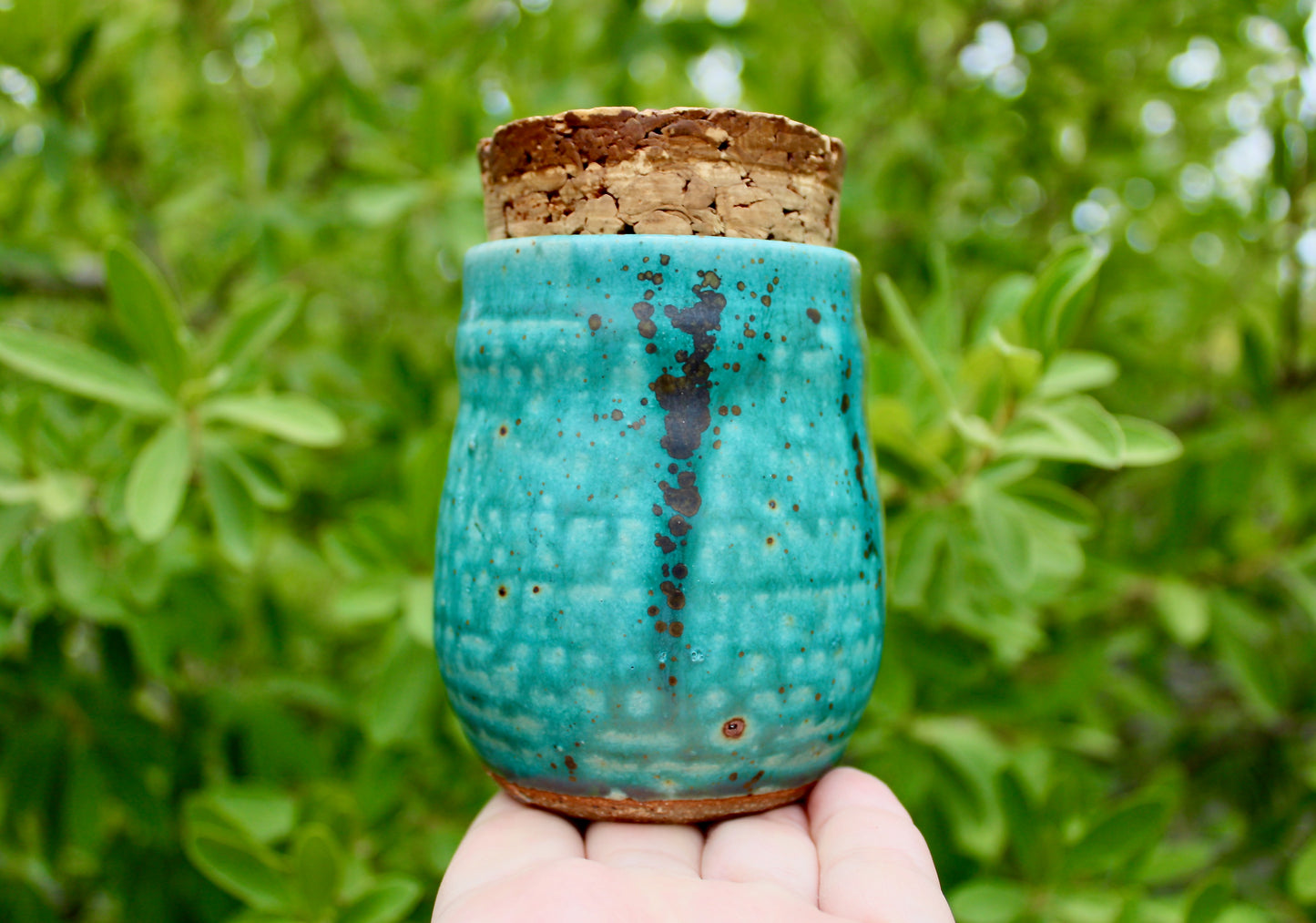 SOLD: Dual Purpose Pottery Face Jar w/ Natural Cork Lid, Egg Separator & Garlic Keeper, Functional Wheel Thrown Pottery, Crafted by Karen