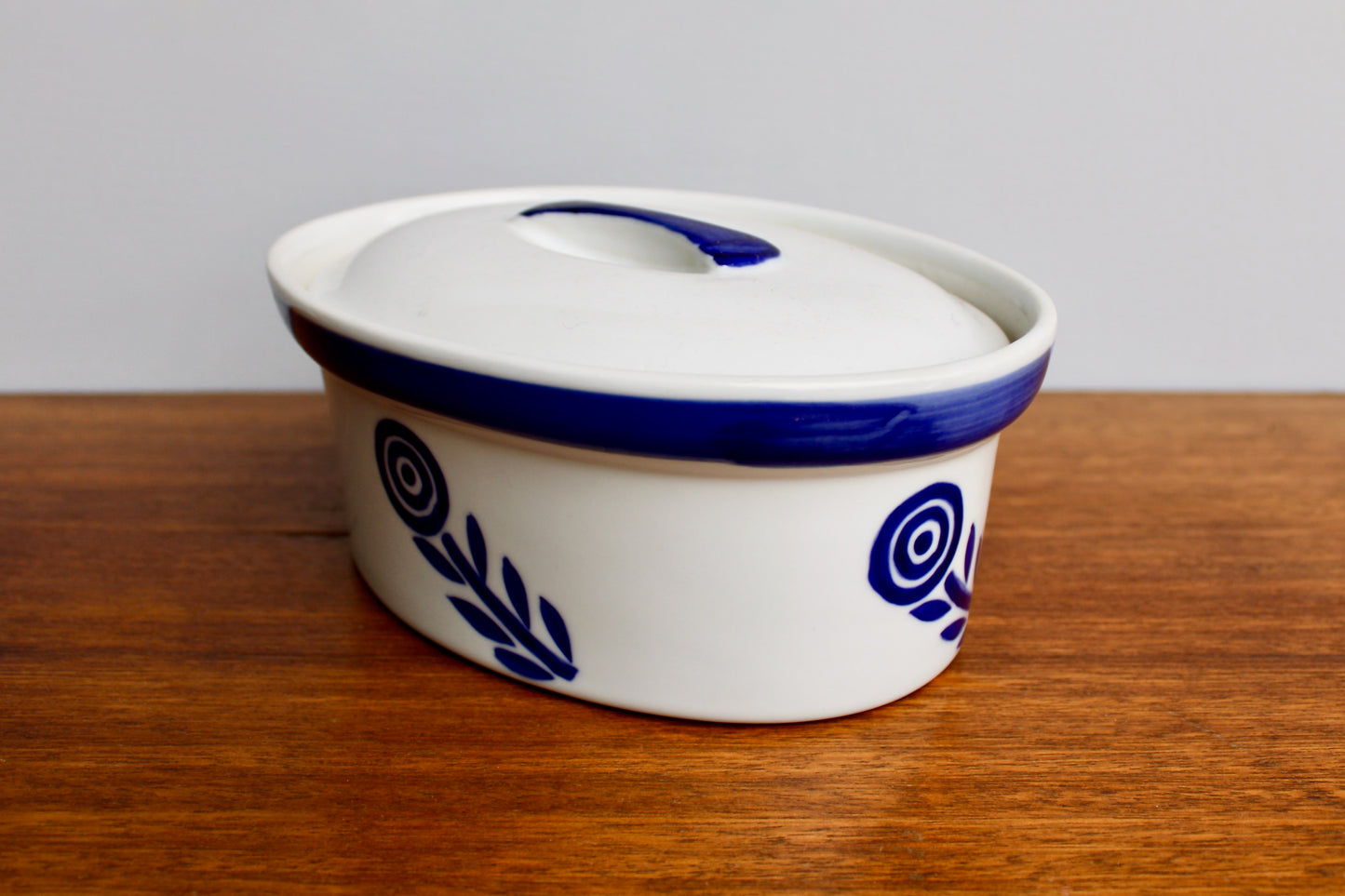 Mid 20th Century Blue Flower 9" Lidded Porcelain Casserole, Beautiful & Useful Vtg Danish Design, Crafted in 20th Century Scandinavia