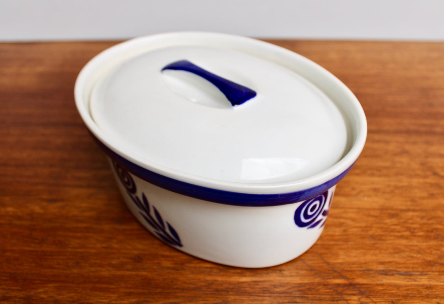 Mid 20th Century Blue Flower 9" Lidded Porcelain Casserole, Beautiful & Useful Vtg Danish Design, Crafted in 20th Century Scandinavia