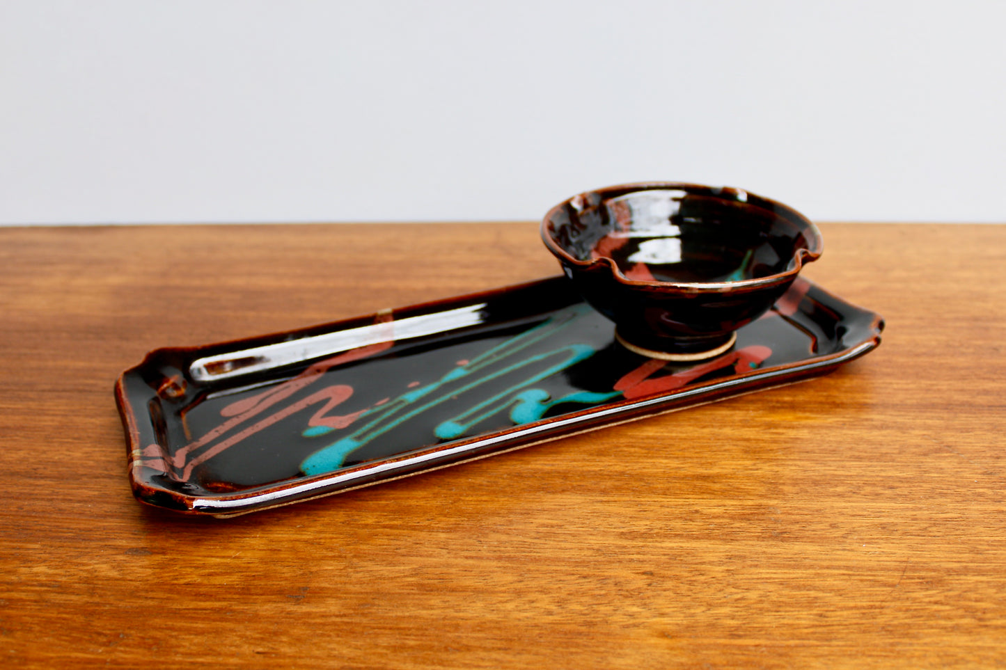 Robin Cage Pottery Stoneware Tray & Bowl Set in Rich Tenmoku Glazed Stoneware Glossy Iridescent, Nearly Black w/ Accents of Turquoise & Coral-Pink, Handcrafted Studio Pottery