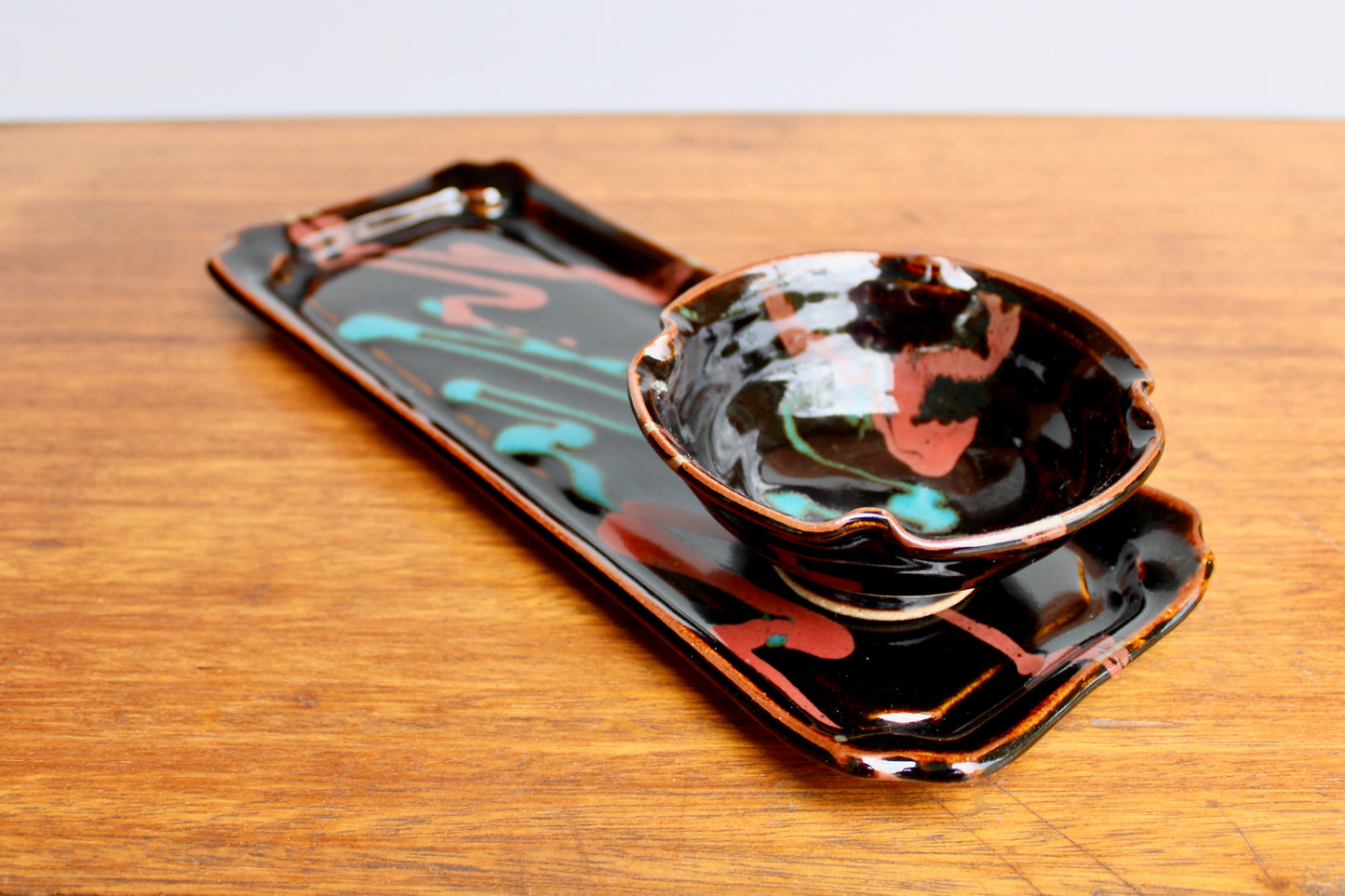 Robin Cage Pottery Stoneware Tray & Bowl Set in Rich Tenmoku Glazed Stoneware Glossy Iridescent, Nearly Black w/ Accents of Turquoise & Coral-Pink, Handcrafted Studio Pottery