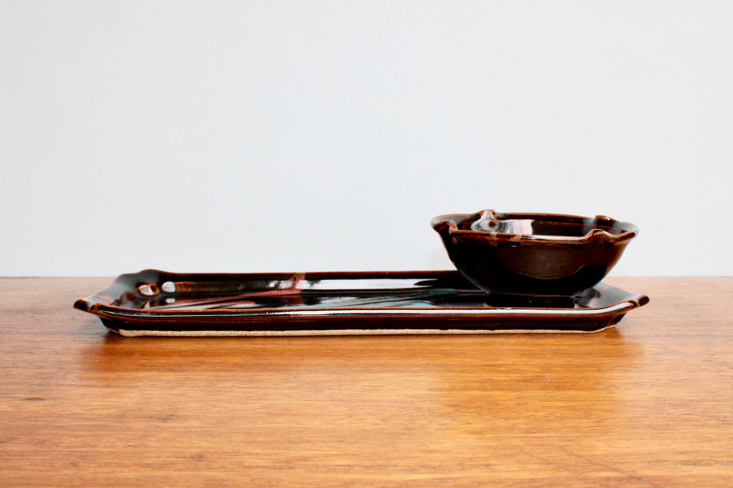 Robin Cage Pottery Stoneware Tray & Bowl Set in Rich Tenmoku Glazed Stoneware Glossy Iridescent, Nearly Black w/ Accents of Turquoise & Coral-Pink, Handcrafted Studio Pottery