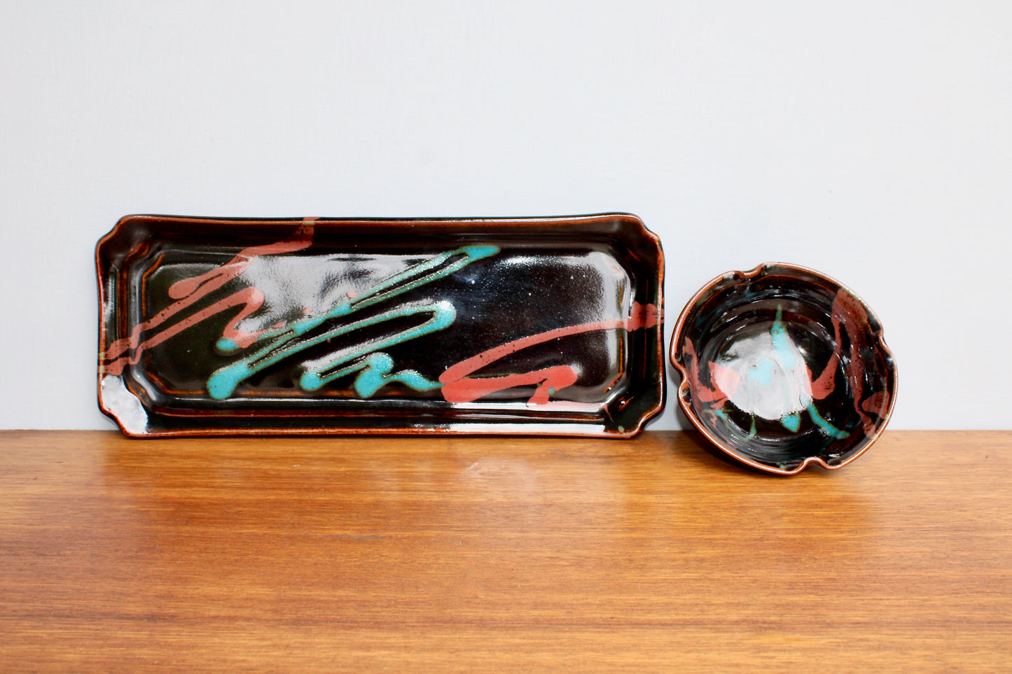 Robin Cage Pottery Stoneware Tray & Bowl Set in Rich Tenmoku Glazed Stoneware Glossy Iridescent, Nearly Black w/ Accents of Turquoise & Coral-Pink, Handcrafted Studio Pottery