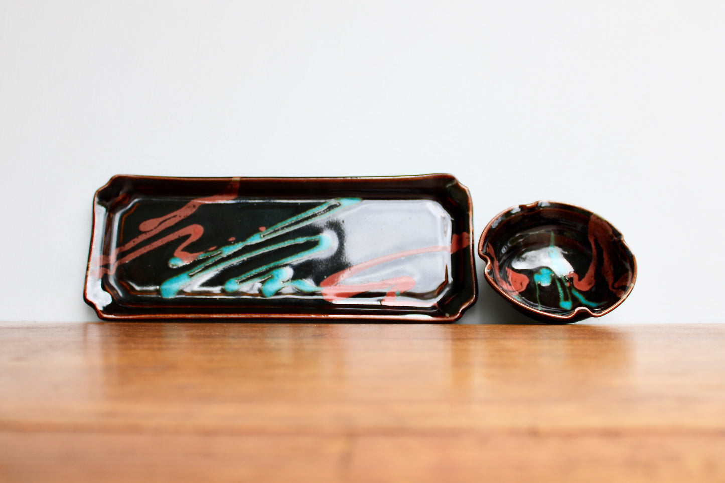 Robin Cage Pottery Stoneware Tray & Bowl Set in Rich Tenmoku Glazed Stoneware Glossy Iridescent, Nearly Black w/ Accents of Turquoise & Coral-Pink, Handcrafted Studio Pottery