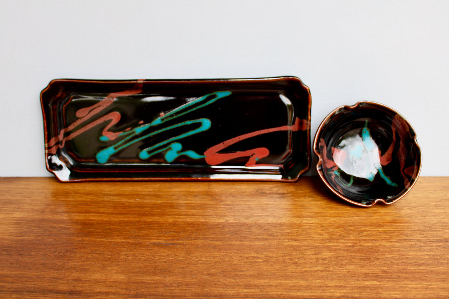 Robin Cage Pottery Stoneware Tray & Bowl Set in Rich Tenmoku Glazed Stoneware Glossy Iridescent, Nearly Black w/ Accents of Turquoise & Coral-Pink, Handcrafted Studio Pottery