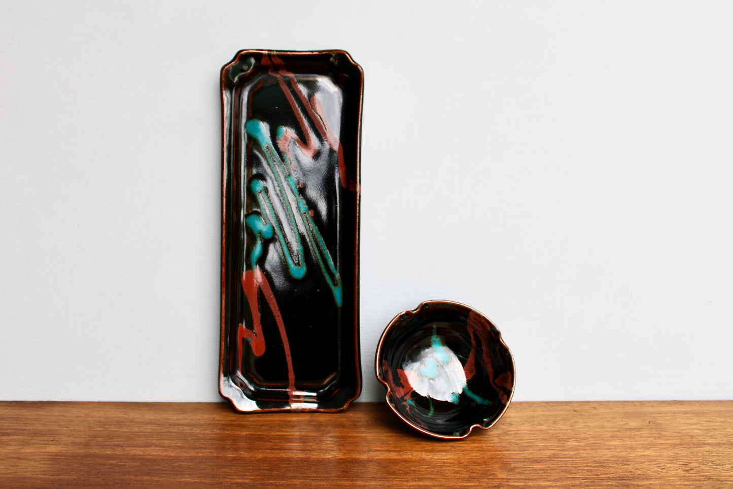 Robin Cage Pottery Stoneware Tray & Bowl Set in Rich Tenmoku Glazed Stoneware Glossy Iridescent, Nearly Black w/ Accents of Turquoise & Coral-Pink, Handcrafted Studio Pottery
