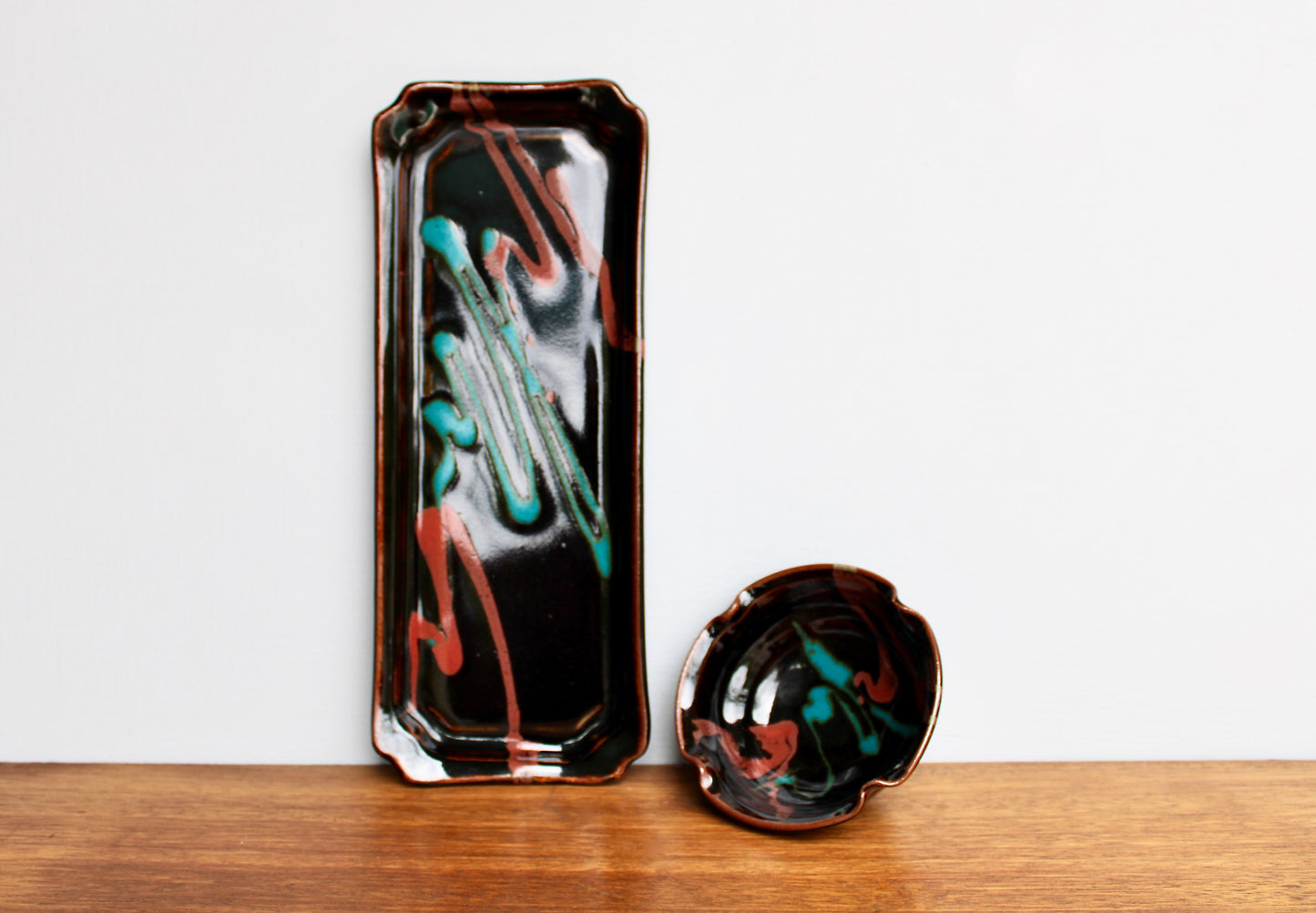 Robin Cage Pottery Stoneware Tray & Bowl Set in Rich Tenmoku Glazed Stoneware Glossy Iridescent, Nearly Black w/ Accents of Turquoise & Coral-Pink, Handcrafted Studio Pottery