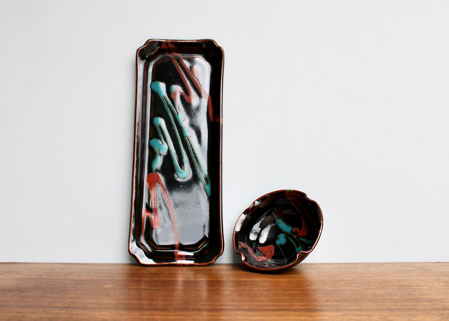 Robin Cage Pottery Stoneware Tray & Bowl Set in Rich Tenmoku Glazed Stoneware Glossy Iridescent, Nearly Black w/ Accents of Turquoise & Coral-Pink, Handcrafted Studio Pottery