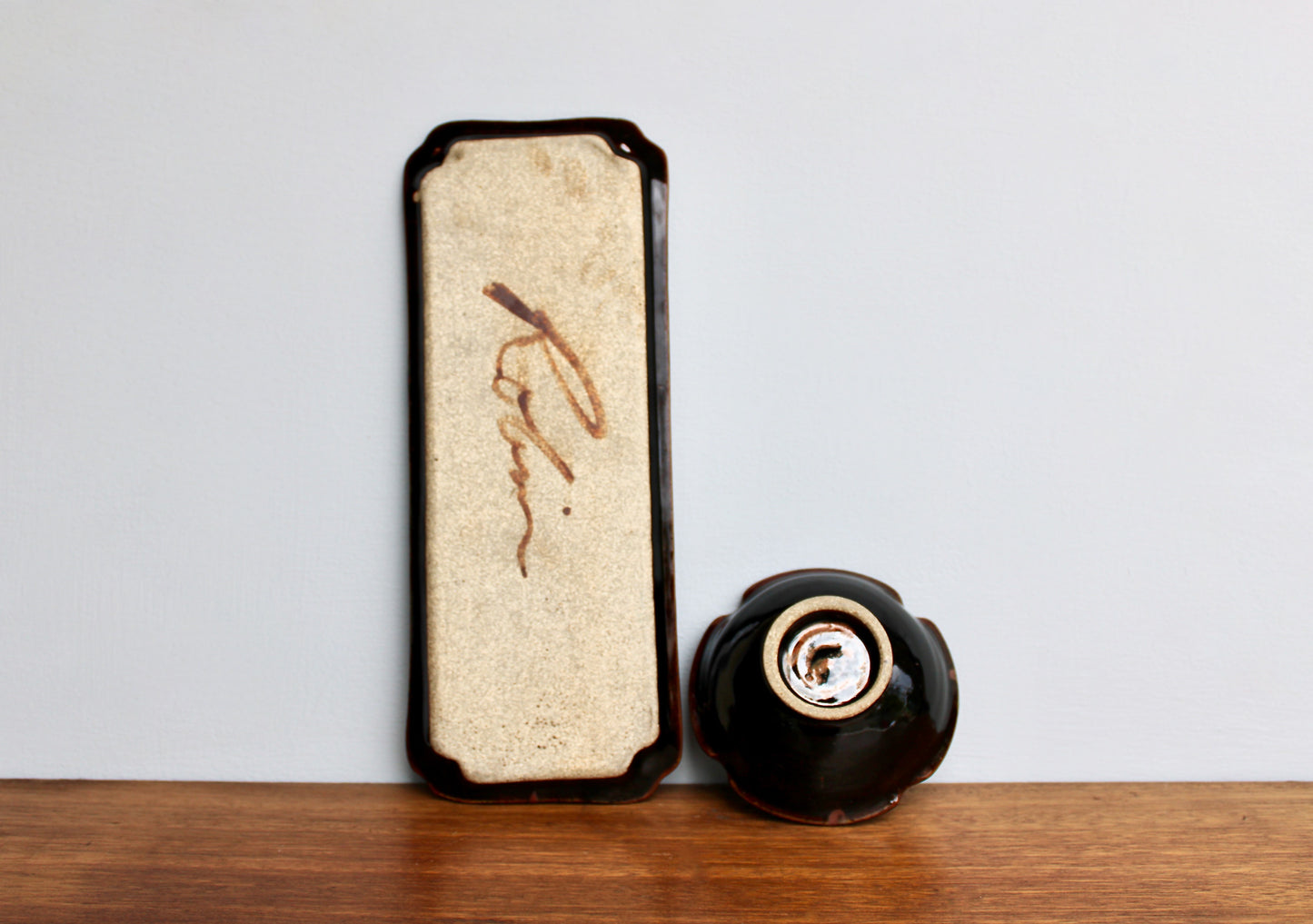 Robin Cage Pottery Stoneware Tray & Bowl Set in Rich Tenmoku Glazed Stoneware Glossy Iridescent, Nearly Black w/ Accents of Turquoise & Coral-Pink, Handcrafted Studio Pottery