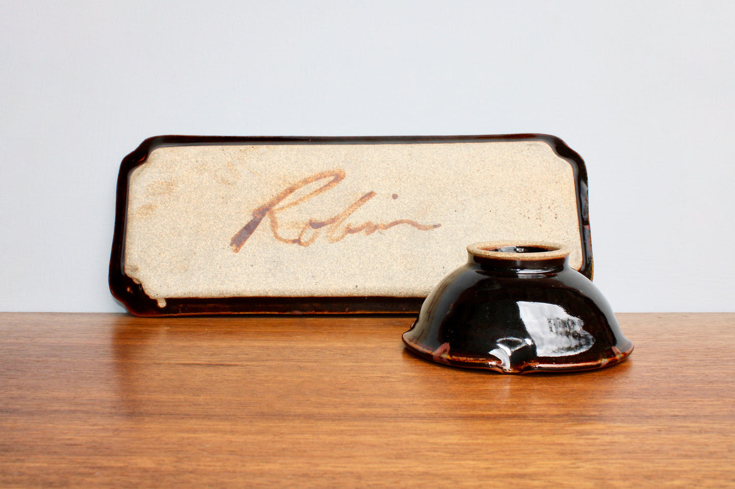 Robin Cage Pottery Stoneware Tray & Bowl Set in Rich Tenmoku Glazed Stoneware Glossy Iridescent, Nearly Black w/ Accents of Turquoise & Coral-Pink, Handcrafted Studio Pottery