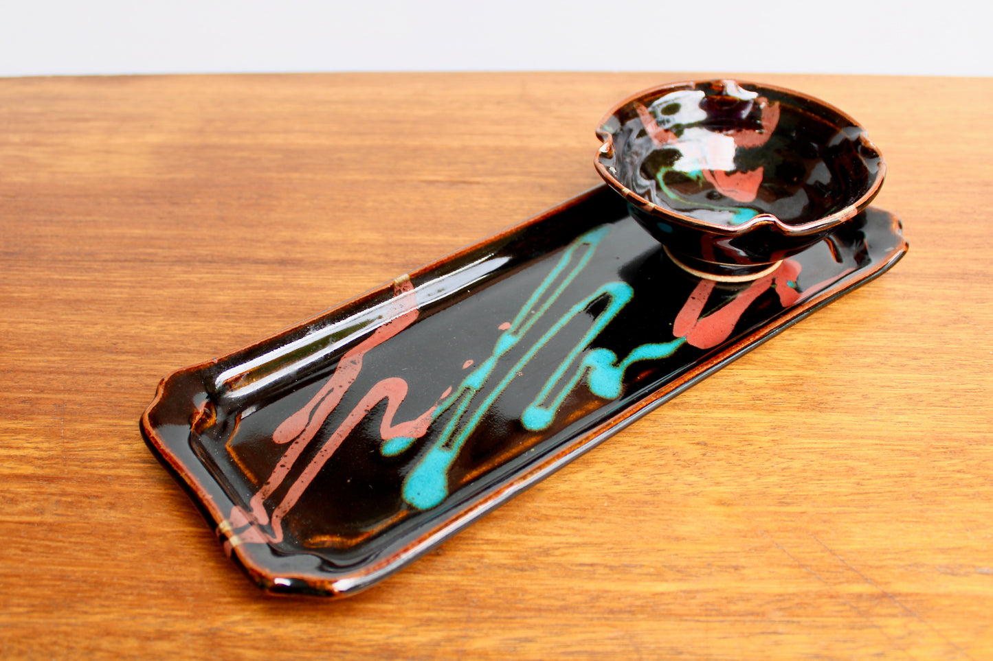 Robin Cage Pottery Stoneware Tray & Bowl Set in Rich Tenmoku Glazed Stoneware Glossy Iridescent, Nearly Black w/ Accents of Turquoise & Coral-Pink, Handcrafted Studio Pottery
