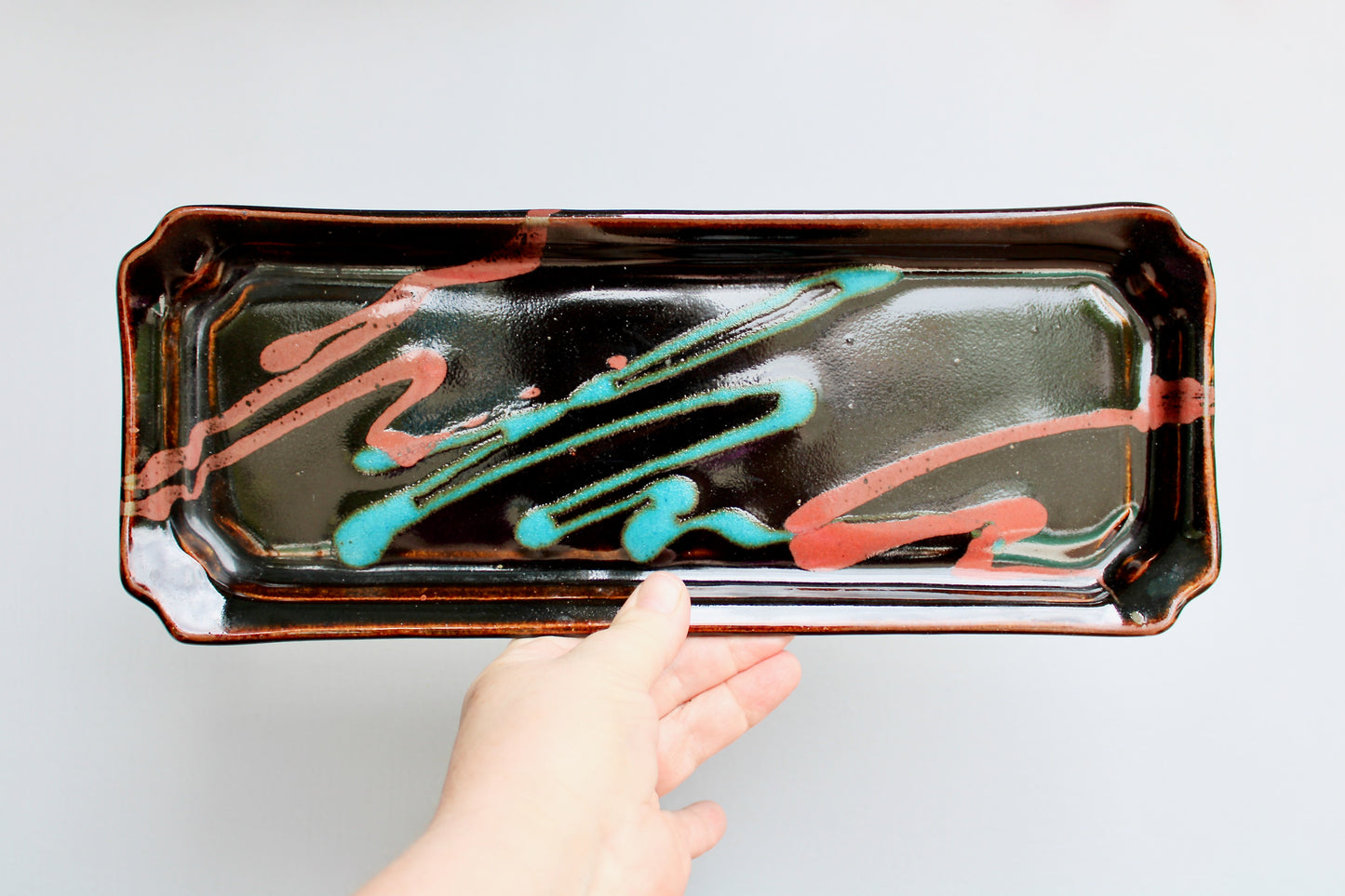 Robin Cage Pottery Stoneware Tray & Bowl Set in Rich Tenmoku Glazed Stoneware Glossy Iridescent, Nearly Black w/ Accents of Turquoise & Coral-Pink, Handcrafted Studio Pottery