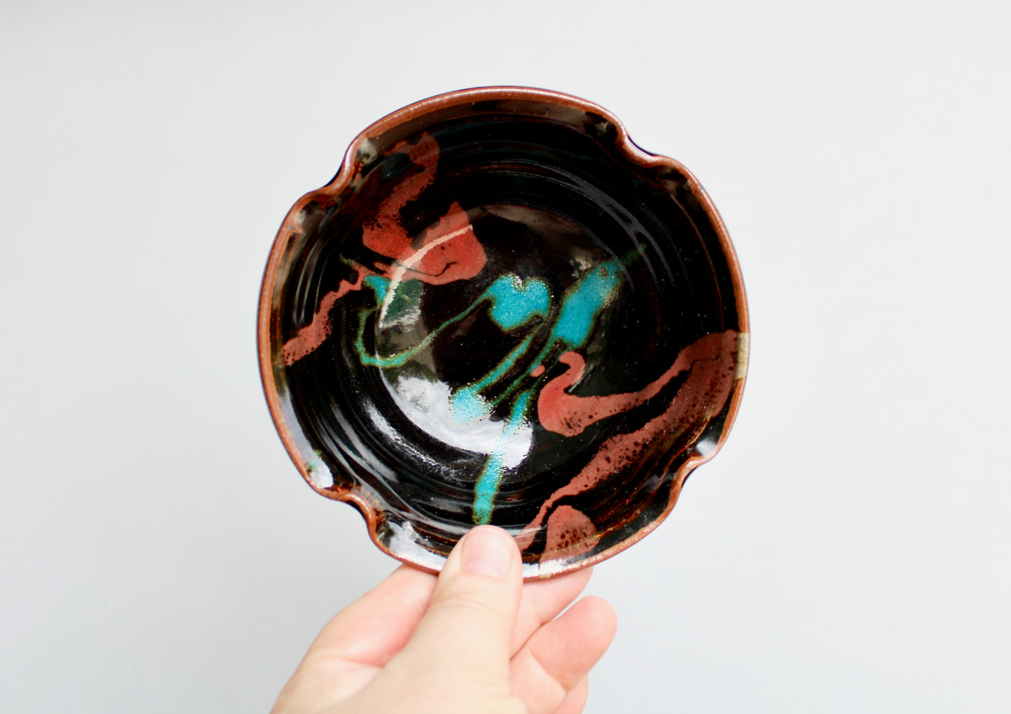 Robin Cage Pottery Stoneware Tray & Bowl Set in Rich Tenmoku Glazed Stoneware Glossy Iridescent, Nearly Black w/ Accents of Turquoise & Coral-Pink, Handcrafted Studio Pottery