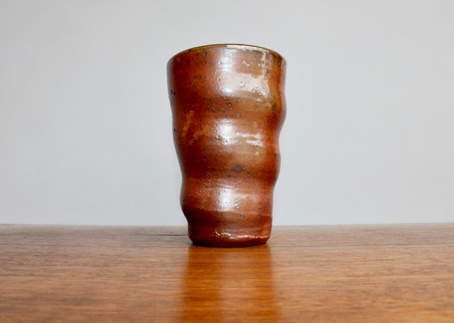 Tall Undulating Shino Glazed Tumbler - Slightly Iridescent w/ Large Matte Iron Flake Speckling & a Spotted Light-Grey Interior