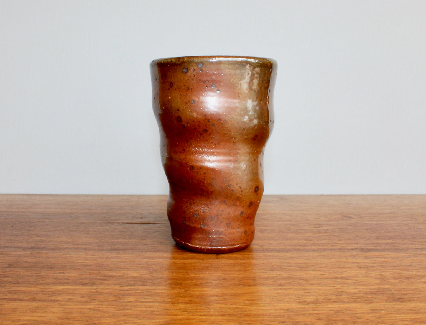 Tall Undulating Shino Glazed Tumbler - Slightly Iridescent w/ Large Matte Iron Flake Speckling & a Spotted Light-Grey Interior