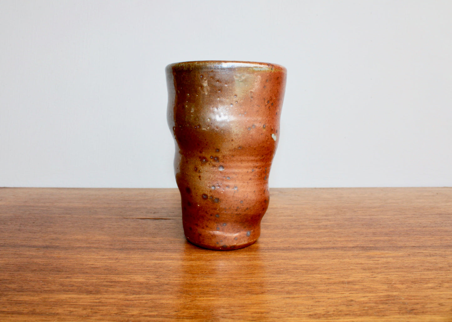 Tall Undulating Shino Glazed Tumbler - Slightly Iridescent w/ Large Matte Iron Flake Speckling & a Spotted Light-Grey Interior