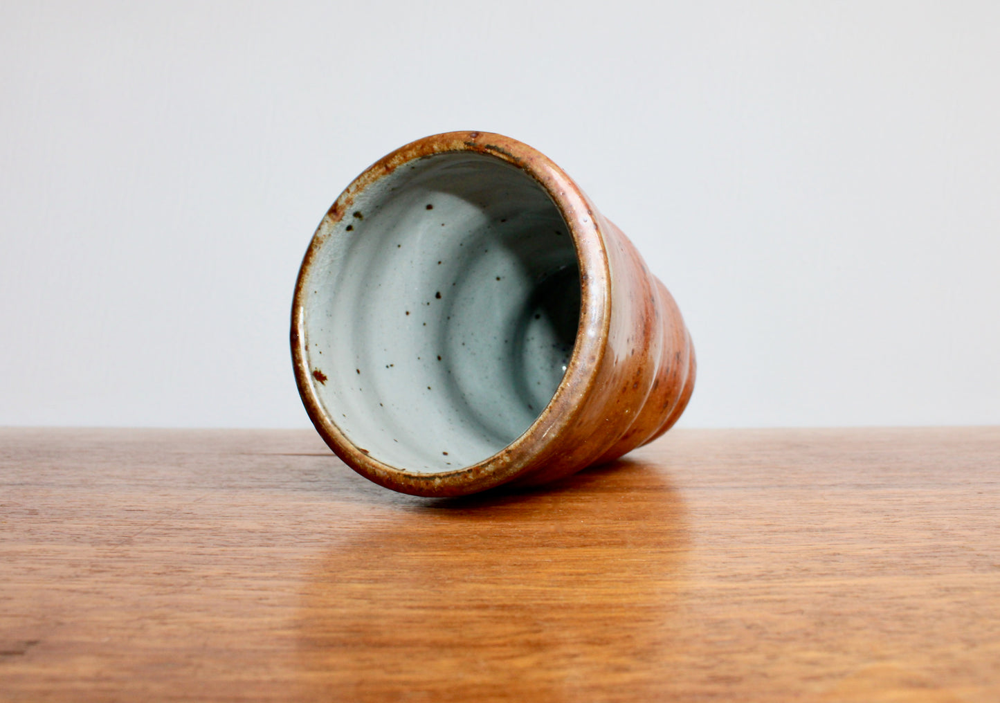 Tall Undulating Shino Glazed Tumbler - Slightly Iridescent w/ Large Matte Iron Flake Speckling & a Spotted Light-Grey Interior