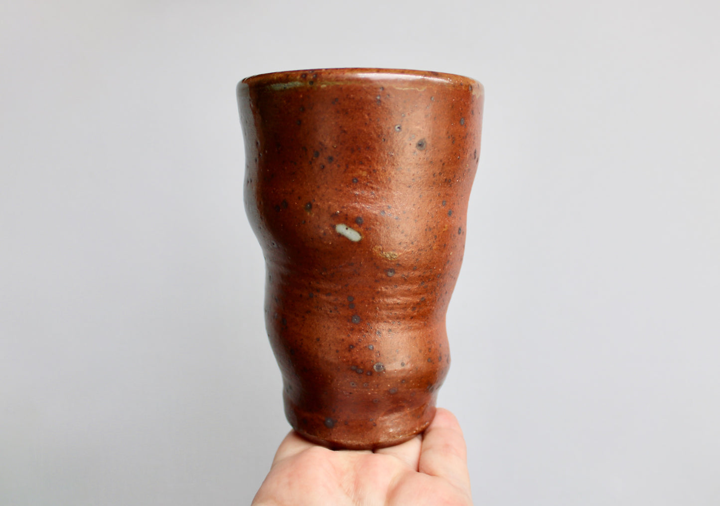 Tall Undulating Shino Glazed Tumbler - Slightly Iridescent w/ Large Matte Iron Flake Speckling & a Spotted Light-Grey Interior