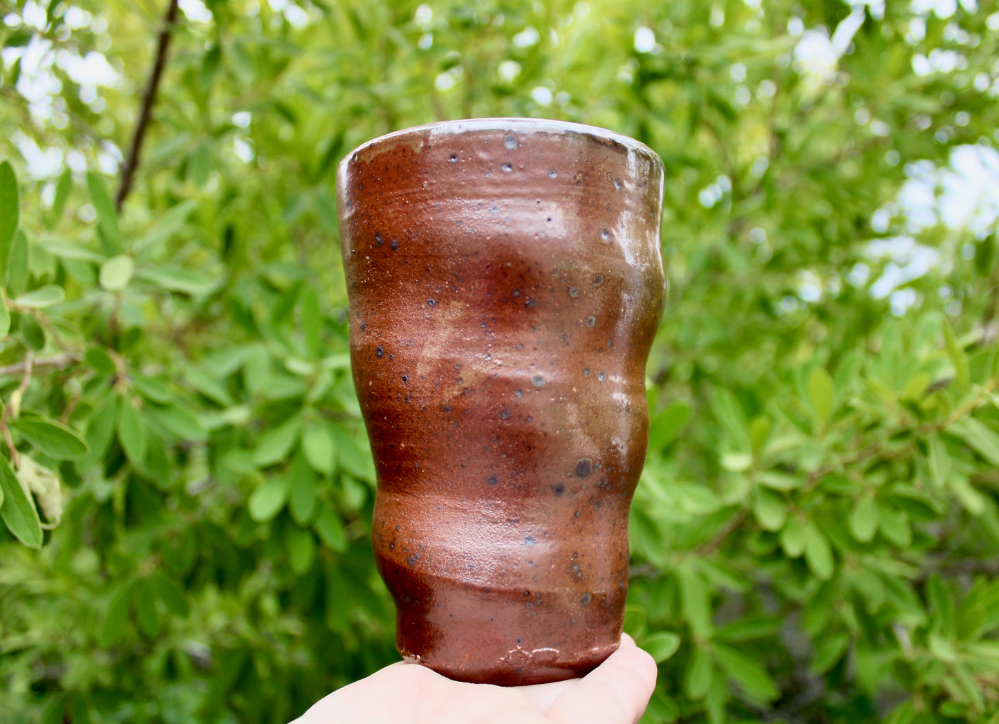 Tall Undulating Shino Glazed Tumbler - Slightly Iridescent w/ Large Matte Iron Flake Speckling & a Spotted Light-Grey Interior
