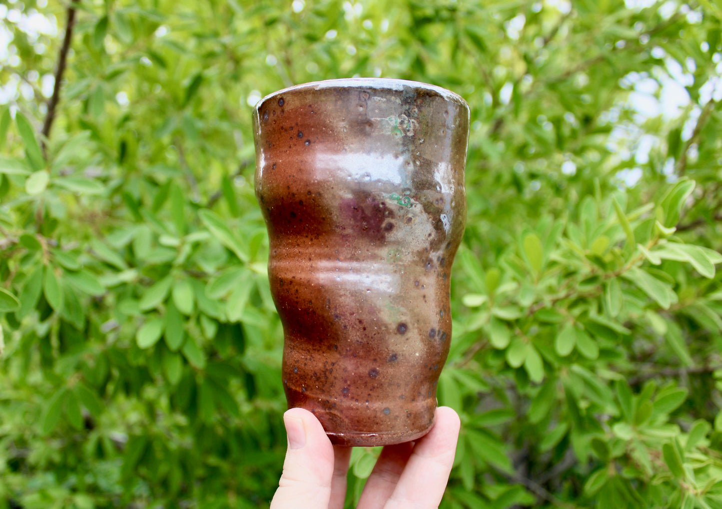 Tall Undulating Shino Glazed Tumbler - Slightly Iridescent w/ Large Matte Iron Flake Speckling & a Spotted Light-Grey Interior