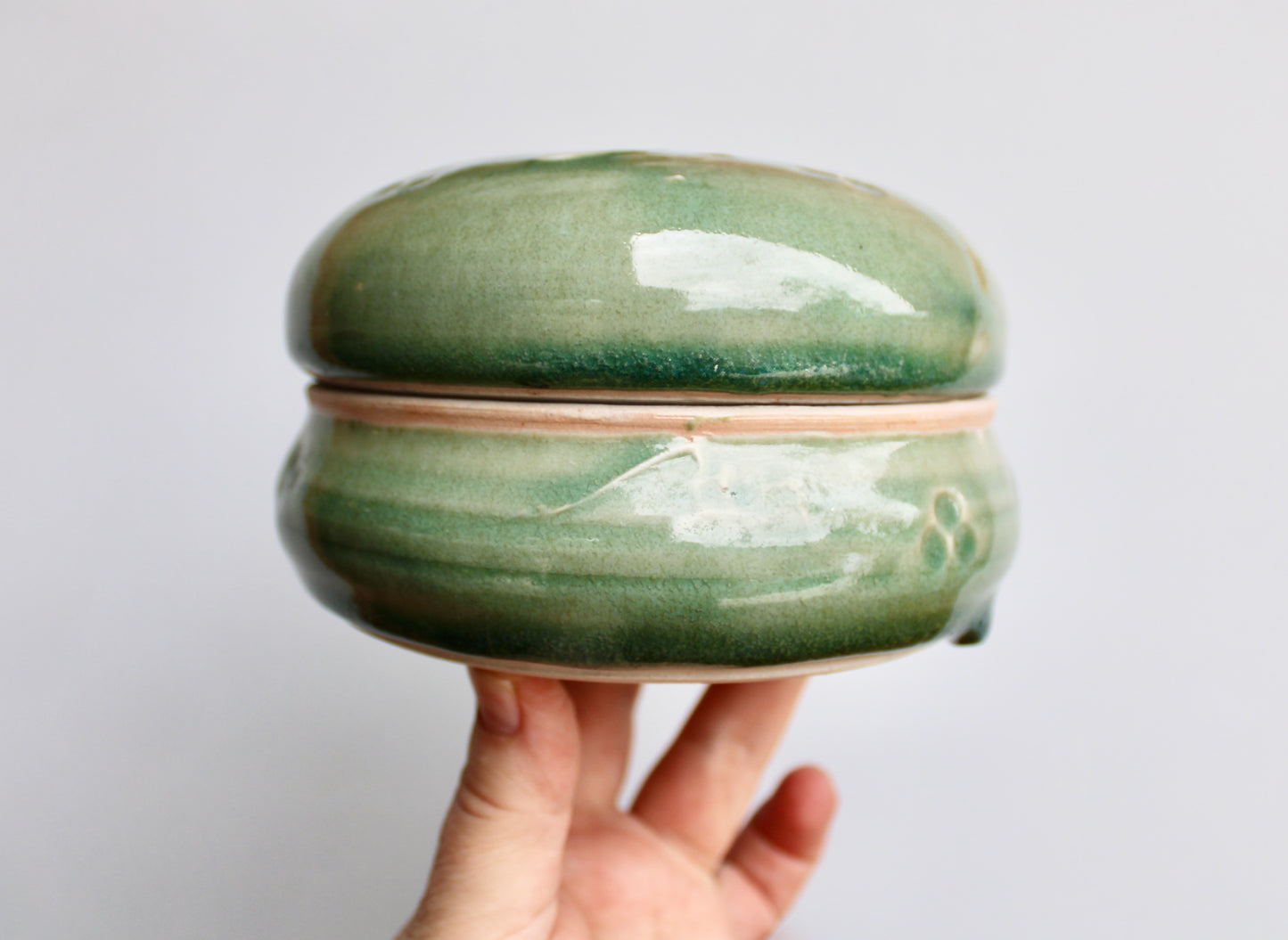 Scott Frankenberger Porcelain Celadon Box, Vtg Glossy Dimensional Glaze w/ Trapped Gold & Raised Decoration - Fine Studio Pottery, Signed & Sigil by Master Potter - 100%  Handcrafted