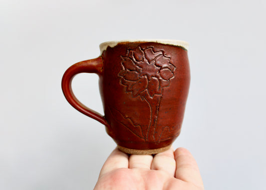 Etched Flower Decoration on Shaner Red Glazed Mug - 8oz Vintage Studio Pottery w/ Vellum Shaner-Red Glaze - Highly Speckled Matte White Interior - Handcrafted Studio Pottery